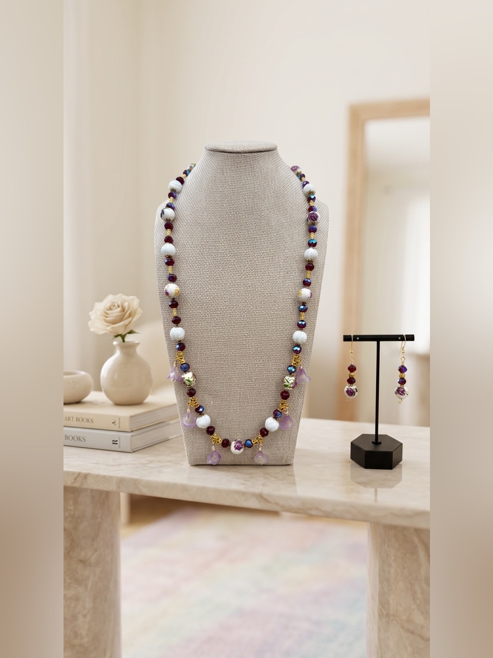 Handmade White Coral & Floral Ceramic Necklace & Earrings with Burgundy Crystal
